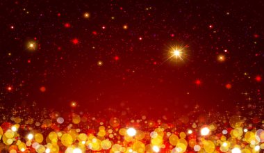 Kırmızı yıldızlar gök renkli bokeh arka plan ile.