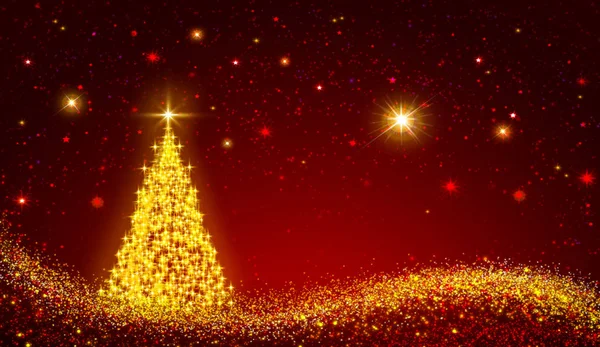 Goldener Weihnachtsbaum und roter Sternenhimmel. — Stockfoto