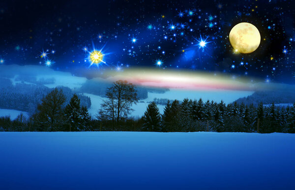 Winter landscape with snow covered fir trees and star sky . Christmas background with full moon.