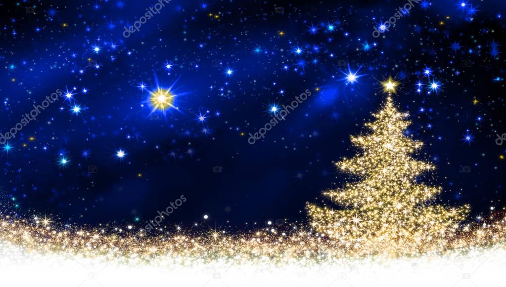 Golden Christmas tree and star sky.
