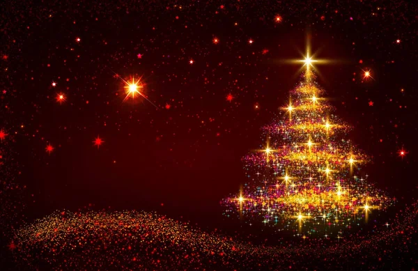 골든 크리스마스 트리와 빨간 별 하늘. — 스톡 사진