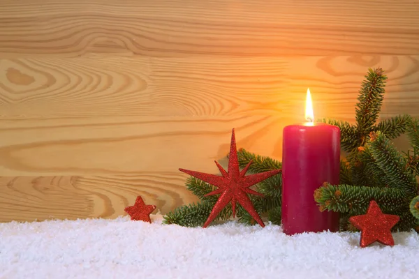 Christmas red decoration and Advent candle. Christmas card. — Stock Photo, Image