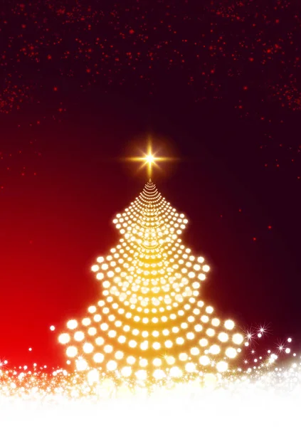 Λαμπερό χριστουγεννιάτικο δέντρο με αστέρι και το χιόνι. Χριστουγεννιάτικο φόντο. — Φωτογραφία Αρχείου