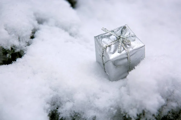 Besneeuwde spar takken met zilveren kerstcadeau. — Stockfoto