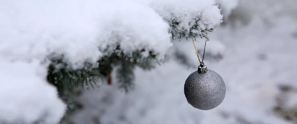 Kerstbal hangend aan een Fir Tree Branch. Kerstachtergrond. — Stockfoto