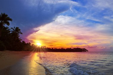 tropikal plaj renkli günbatımı.