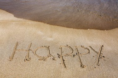 Tropikal deniz ve sahil ile mutlu bir yazıt.