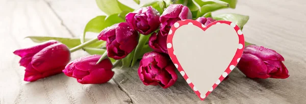 Purple Tulip Bouquet Blank Card Purple Tulips Card Wood Background — Stock Photo, Image