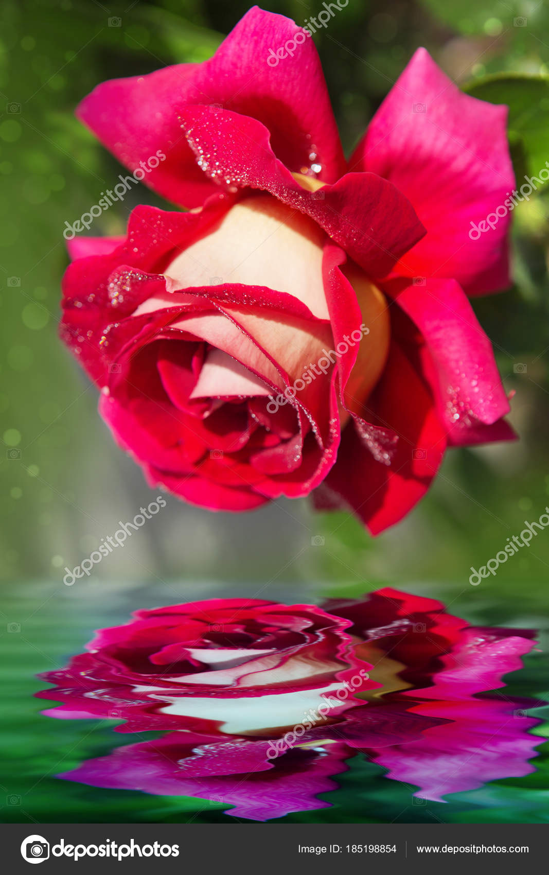 Single Blooming Red Rose Reflected In The Water Stock Photo