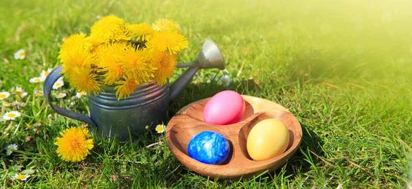Пасхальні яйця і поливи можуть з квітами. Великодній фон . — стокове фото