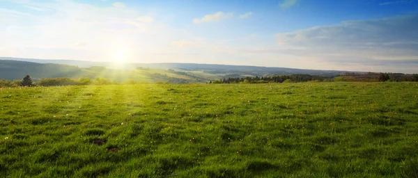 Puesta de sol de primavera sobre el campo verde . — Foto de Stock