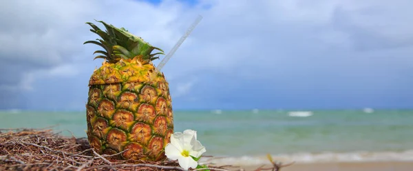 Tropikal ananas kokteyli içki Karayip sahilde — Stok fotoğraf