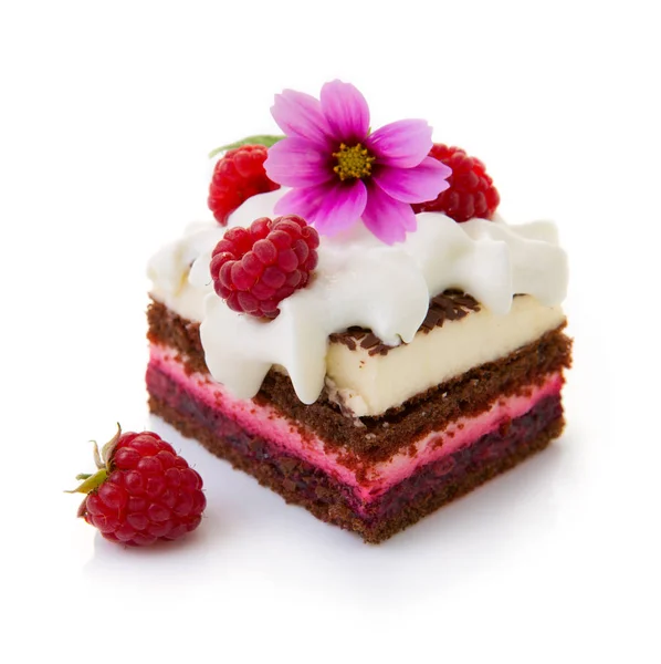 Pastel de chocolate con frambuesa fresca aislada sobre fondo blanco . — Foto de Stock