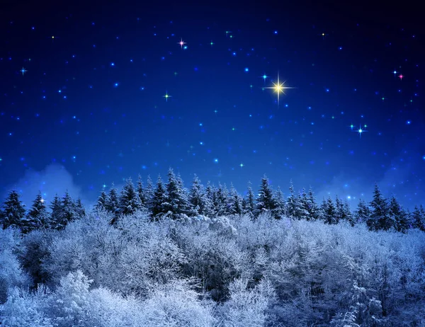 Pleine lune s'élevant au-dessus de la vallée hivernale couverte de neige fraîche . — Photo