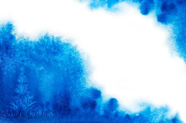 Christmas blue Watercolor background with fir tree and space for text . — Stock Photo, Image