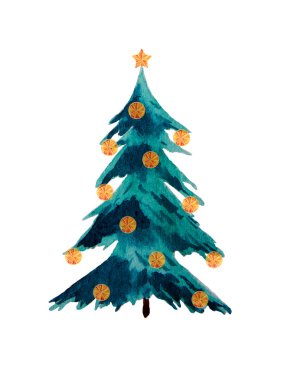 Beyaz üzerine limon parçaları ayrılmış suluboya köknar ağacı.