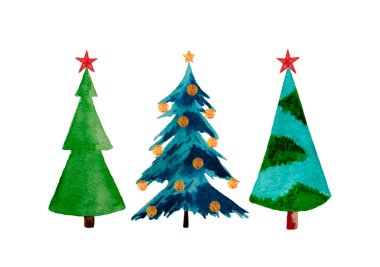 Suluboya köknar ağaçları ve beyaz üzerinde izole noel yıldızları.