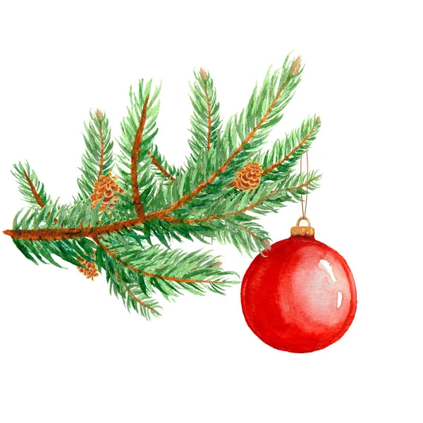 Bola de Navidad colgando de una rama de abeto. Fondo de Navidad. — Foto de Stock