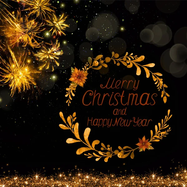 Merry Christmas and New Year background with abstract golden fireworks. — Stock Photo, Image