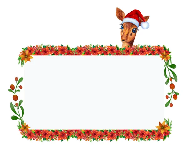 Christmas floral frame with little reindeer and decoration. — Zdjęcie stockowe