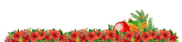 Christmas floral border with poinsettia flowers and red ball — Stockfoto