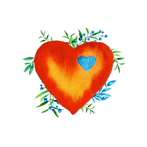Red valentines heart with blue plants isolated on white background. — Stock Photo, Image