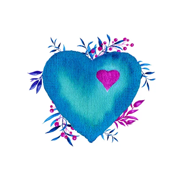 Blue valentines heart with blue plants isolated on white background. — Stock Photo, Image