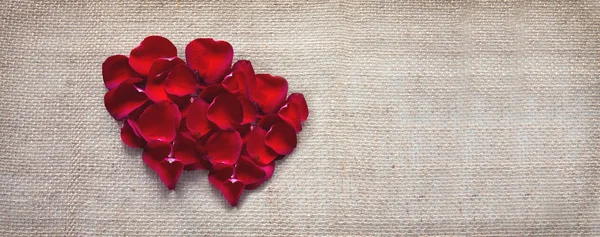 Dos corazones rojos de pétalos de rosas aislados sobre un fondo de tela . —  Fotos de Stock