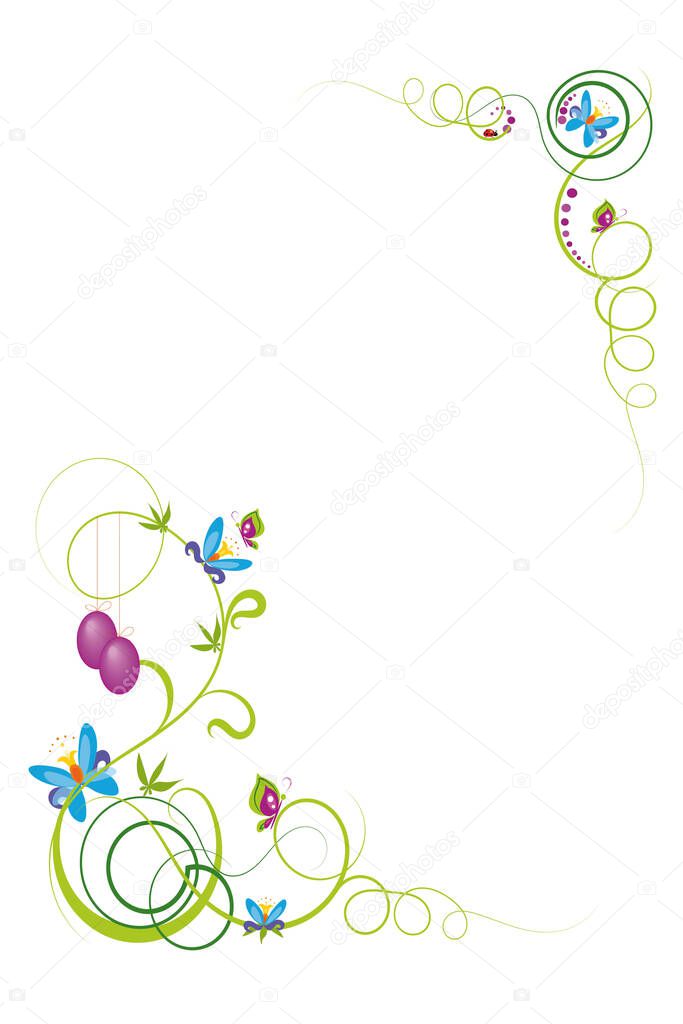 Easter background with colorful eggs and spring flowers.