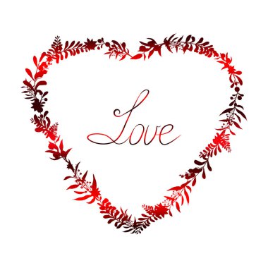 Beyaz zemin üzerinde kırmızı bitkiler bulunan renkli sevgililer günü kalbi.