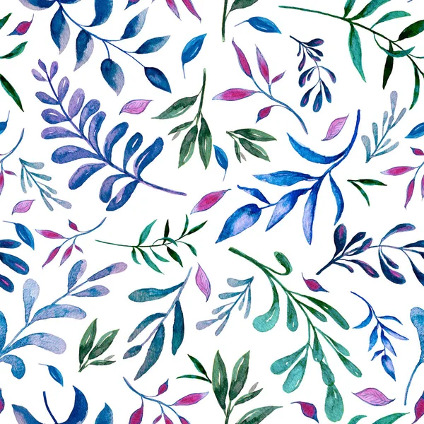 Fioletowy i niebieski wzór liści tekstury. Akwarela kwiatowy wzór. — Zdjęcie stockowe