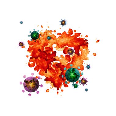 Watercolor drawing with coronavirus and red heart . clipart