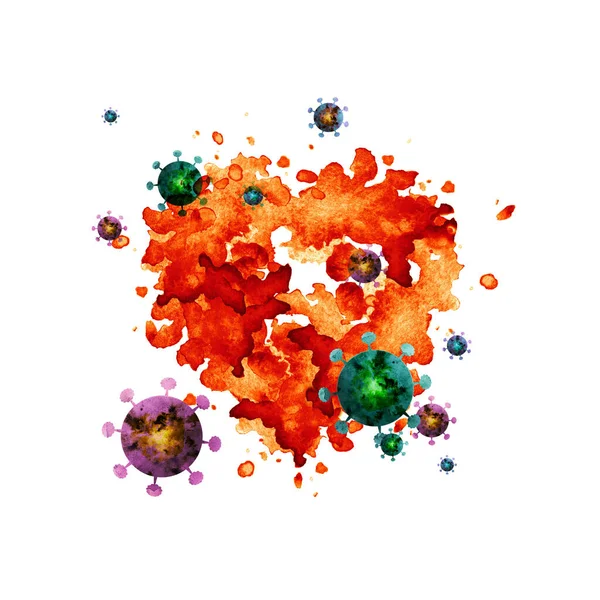 Watercolor drawing with coronavirus and red heart . — Stock Photo, Image