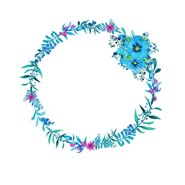 Blue watercolor branches and flowers wreath isolated. — Stock Photo, Image