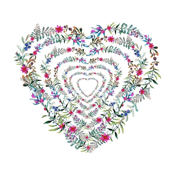 Corazón colorido del día de las madres con plantas verdes y flores aisladas en blanco — Foto de Stock