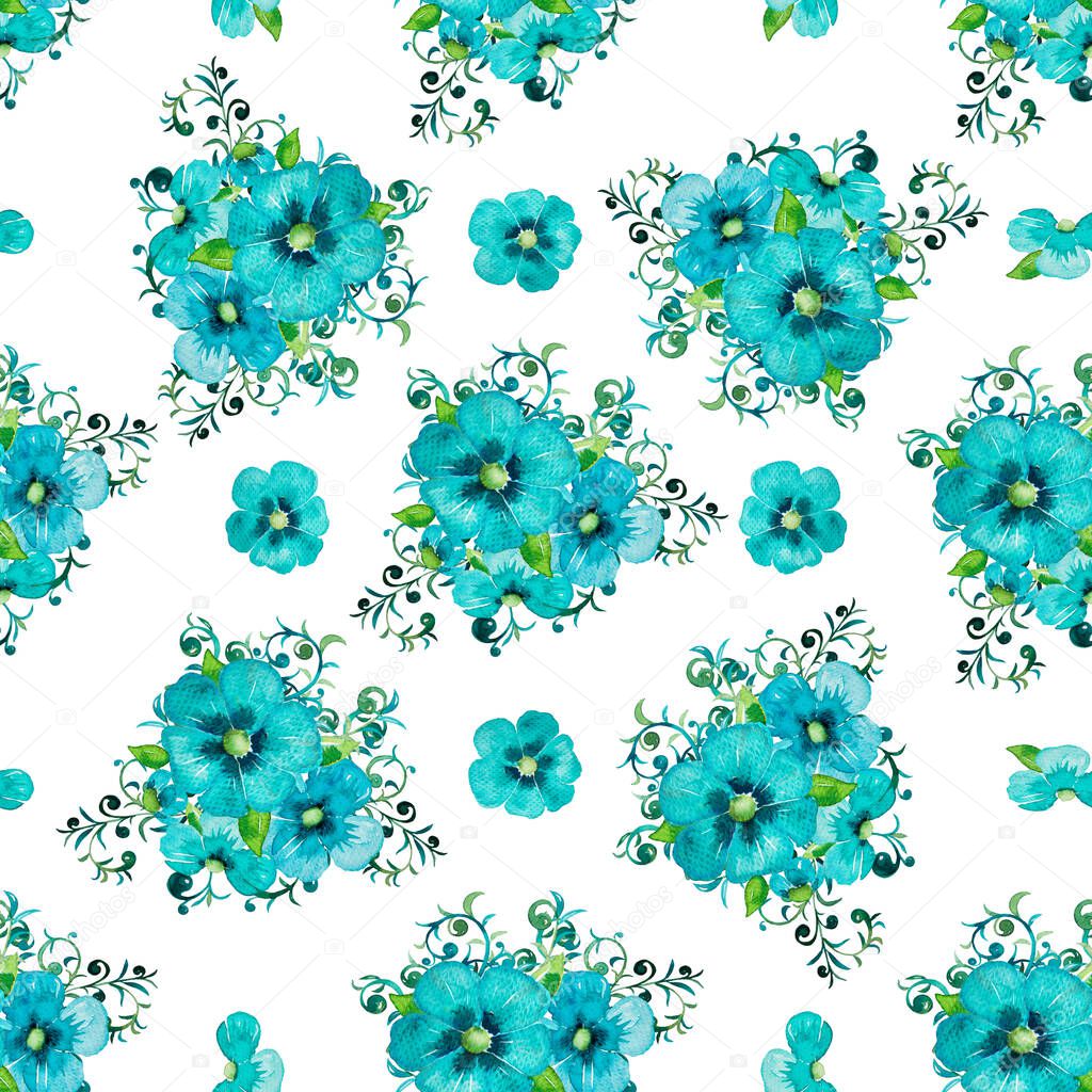 Green leaves and blue flowers texture pattern. Watercolor floral pattern.