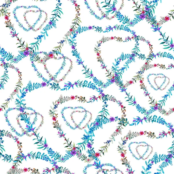 Πολύχρωμες καρδιές ακουαρέλας με φυτά και λουλούδια. Χωρίς ραφές μοτίβο λουλουδιών — Φωτογραφία Αρχείου