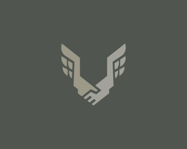 Soyut el sıkışma, kanatları logo vektör. Ekip çalışması yaratıcı logo başvurun.