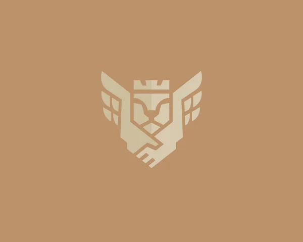 Rey León alas logotipo vectorial. Diseño de logotipo de lujo de corona de apretón de manos. Símbolo de negocios Premium. — Archivo Imágenes Vectoriales