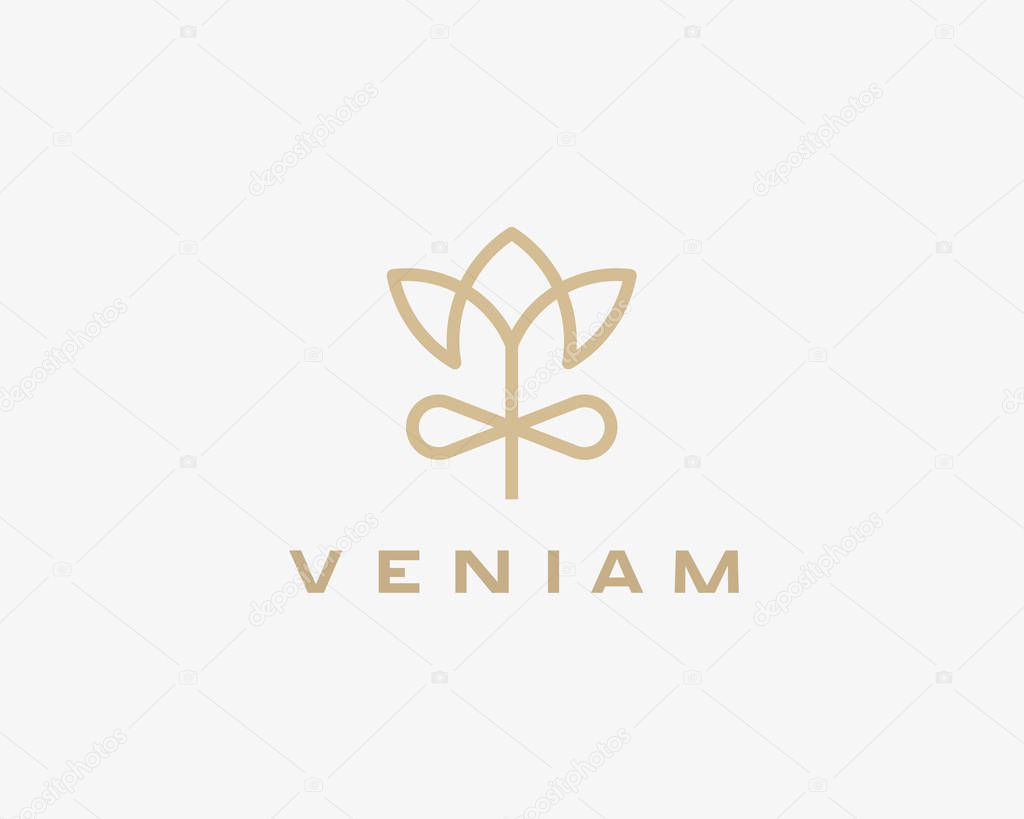 Linear flower gift logo design. Elegant crown premium vector logotype.