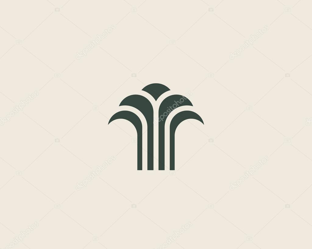Abstract linear vector tree fountain building finance logotype. Universal luxury palm harvest park spa beach logo.
