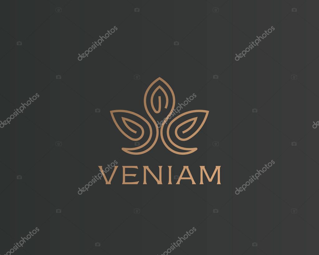 Abstract flower lotus logotype. Luxury crown linear logo. Gold premium spa hotel vector sign