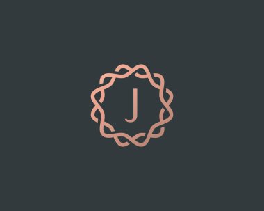 Soyut doğrusal monogram harfi J logo simgesi tasarımı modern minimal biçim illüstrasyonu. Premium alfabe yuvarlak çelenk çerçeve çerçeve çizgisi amblem işareti işareti logotype
