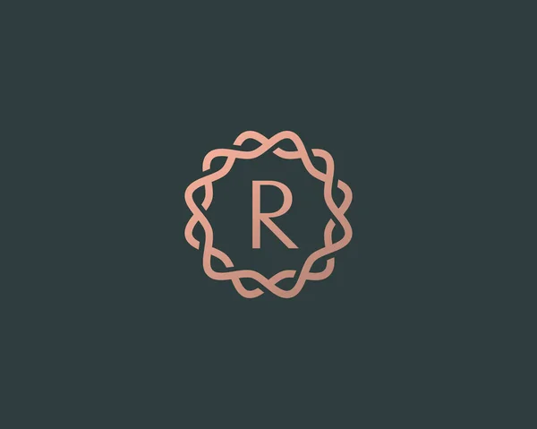 Abstract linear monogram letter R logo icon design modern minimal style illustration. Premium alphabet round wreath frame vector line emblem sign symbol mark logotype — Stock Vector