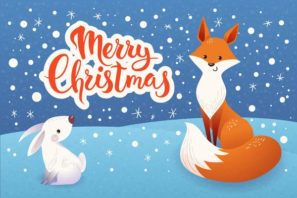 Kerstkaart met fox en konijn. — Stockvector