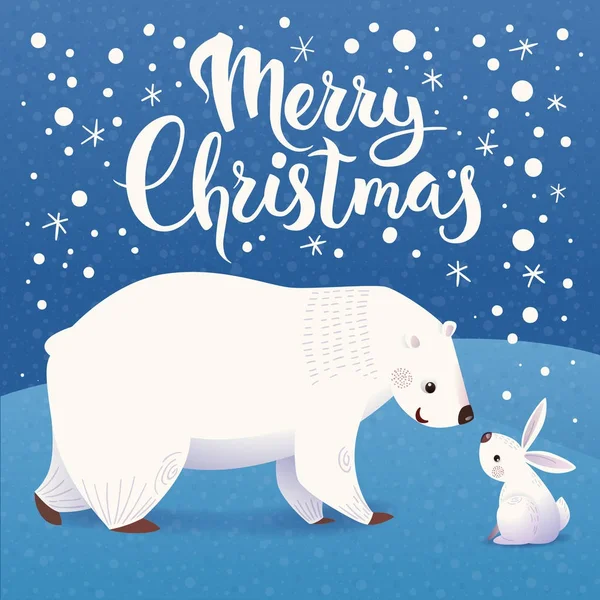 Cartel de Navidad con oso y liebre — Vector de stock