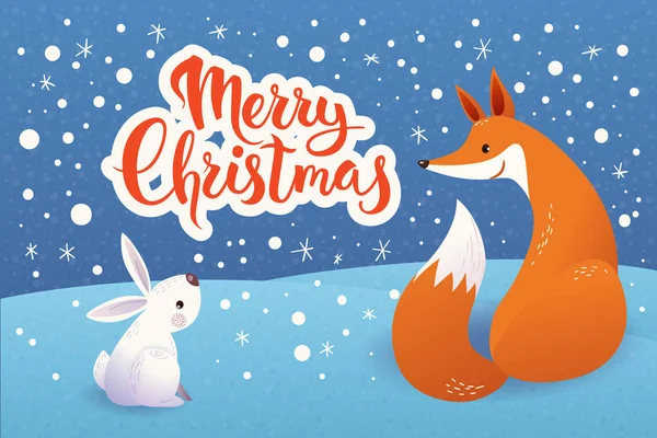 Weihnachtsposter mit Fuchs und Hase — Stockvektor