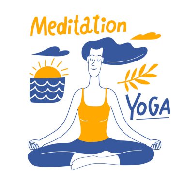 Yogacı kadın ve harflerle sağlıklı yaşam tarzı karalama kartı tasarımı. Meditasyon kartı. Motivasyon amaçlı yaşam tarzı kartı ya da poster için iyidir. 