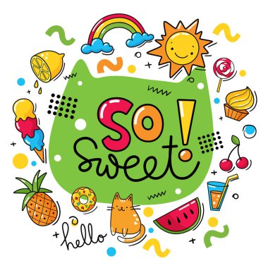 Yaz sembolleri ve parlak renkli havalı harflerle yazılmış güzel bir yaz vektör posteri. Tişört, çanta, defter kapağı baskısı için harika.. 