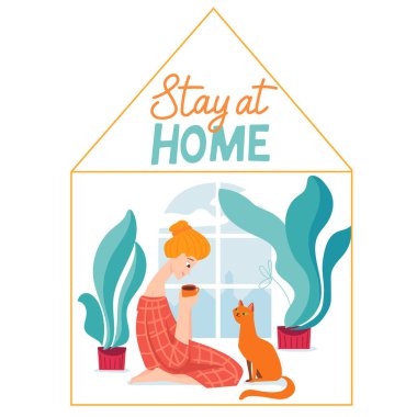 Virüsü korumak için evde kedisiyle çay içen bir kadınla vektör karantina çizimi..